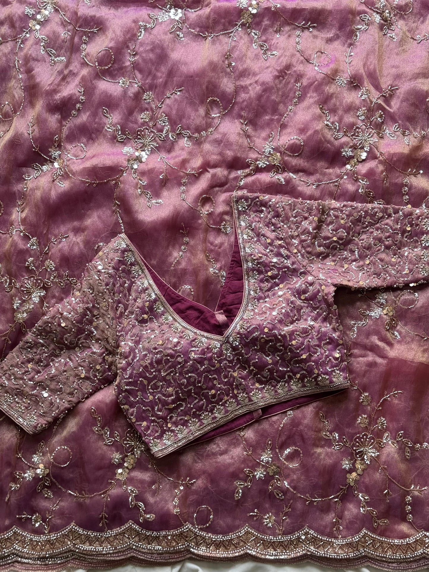 Metallic Wine Organza Saree