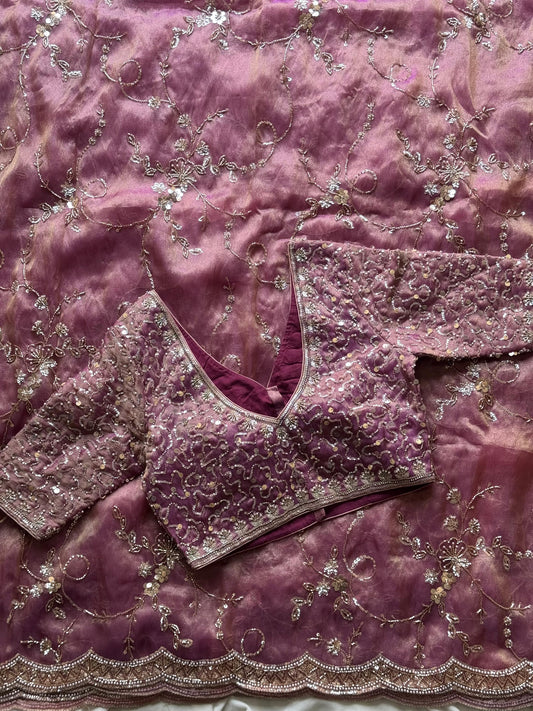 Metallic Wine Organza Saree